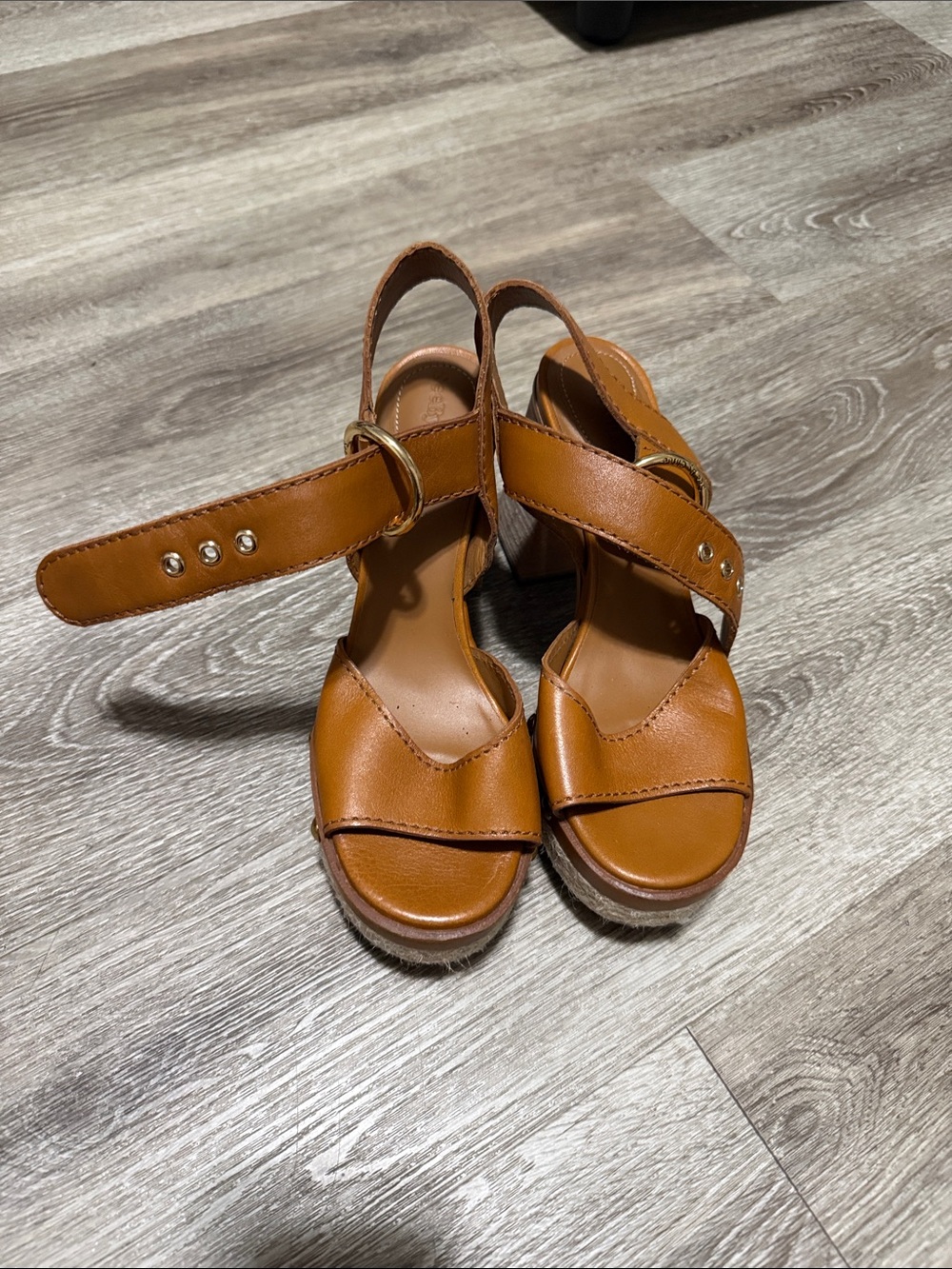 See By Chloe Cognac Leather Platform Wedge Sandals